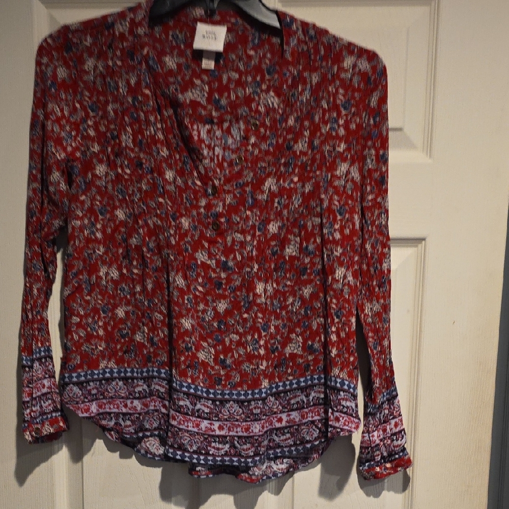 Joie Red and Blue Floral Blouse Boho Cotton Shirt